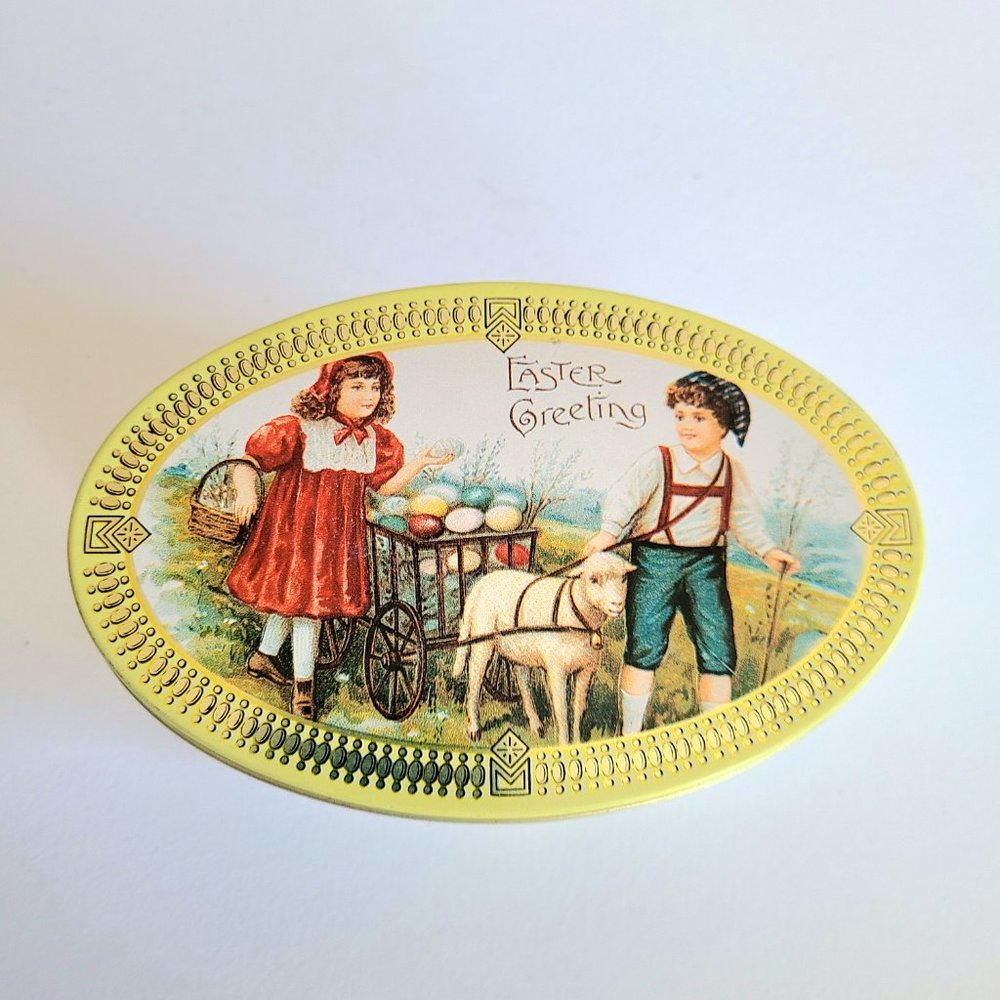 Easter Greetings oval tin box.